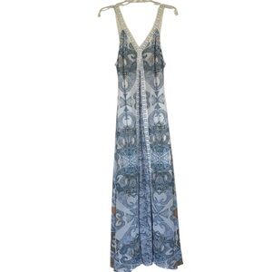 BRONTE Maxi Dress Pullover Sleeveless V-Neck Blue Pastels Paisley Large Flowy